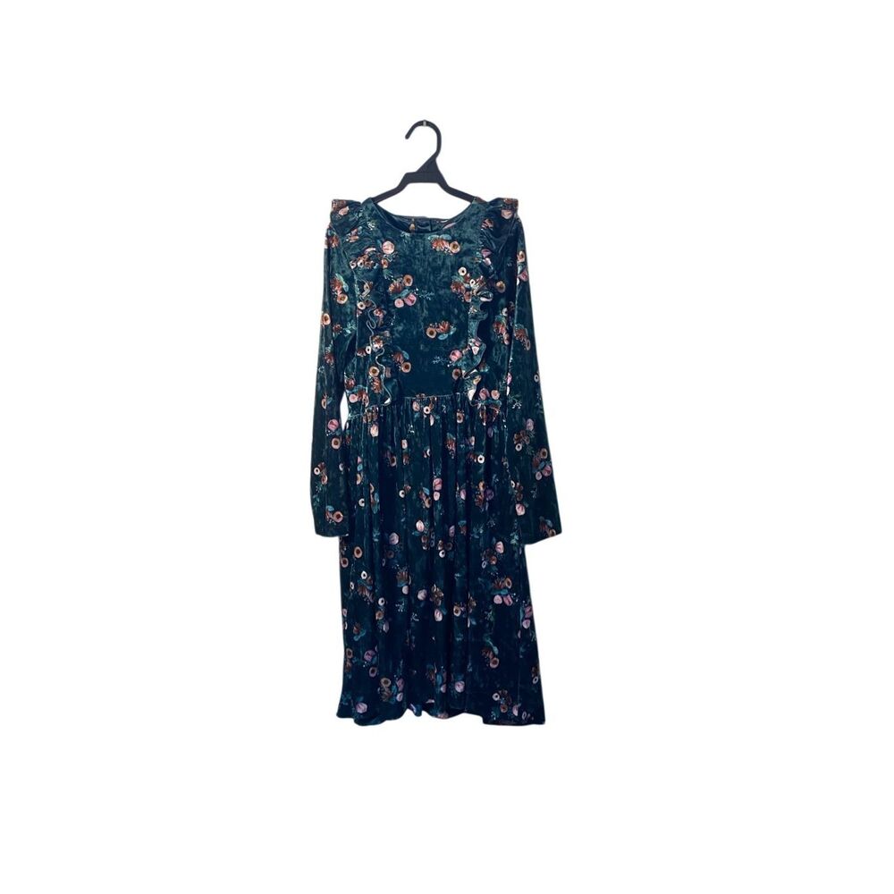 Hadas girls green floral print, velvet knee length dress 14